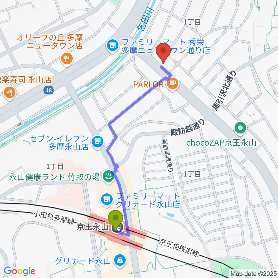 Mスタジオ永山店の最寄駅京王永山駅からの徒歩ルート（約10分）地図