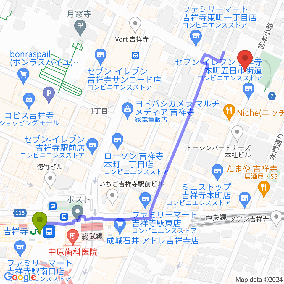 吉祥寺スタジオ・レダの最寄駅吉祥寺駅からの徒歩ルート（約7分）地図