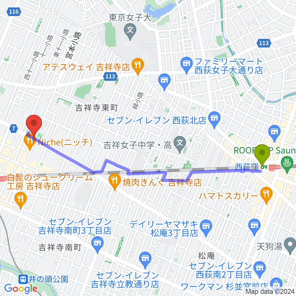 西荻窪駅から吉祥寺スタジオ・レダへのルートマップ地図