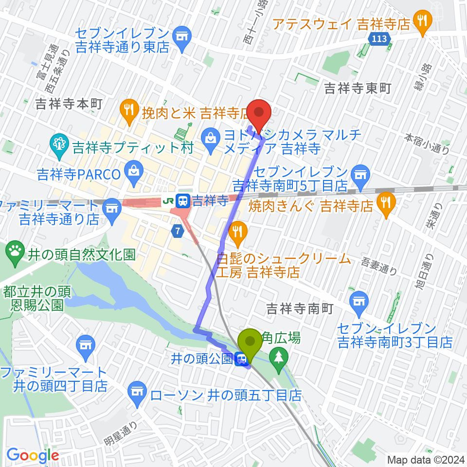 井の頭公園駅から吉祥寺スタジオ・レダへのルートマップ地図
