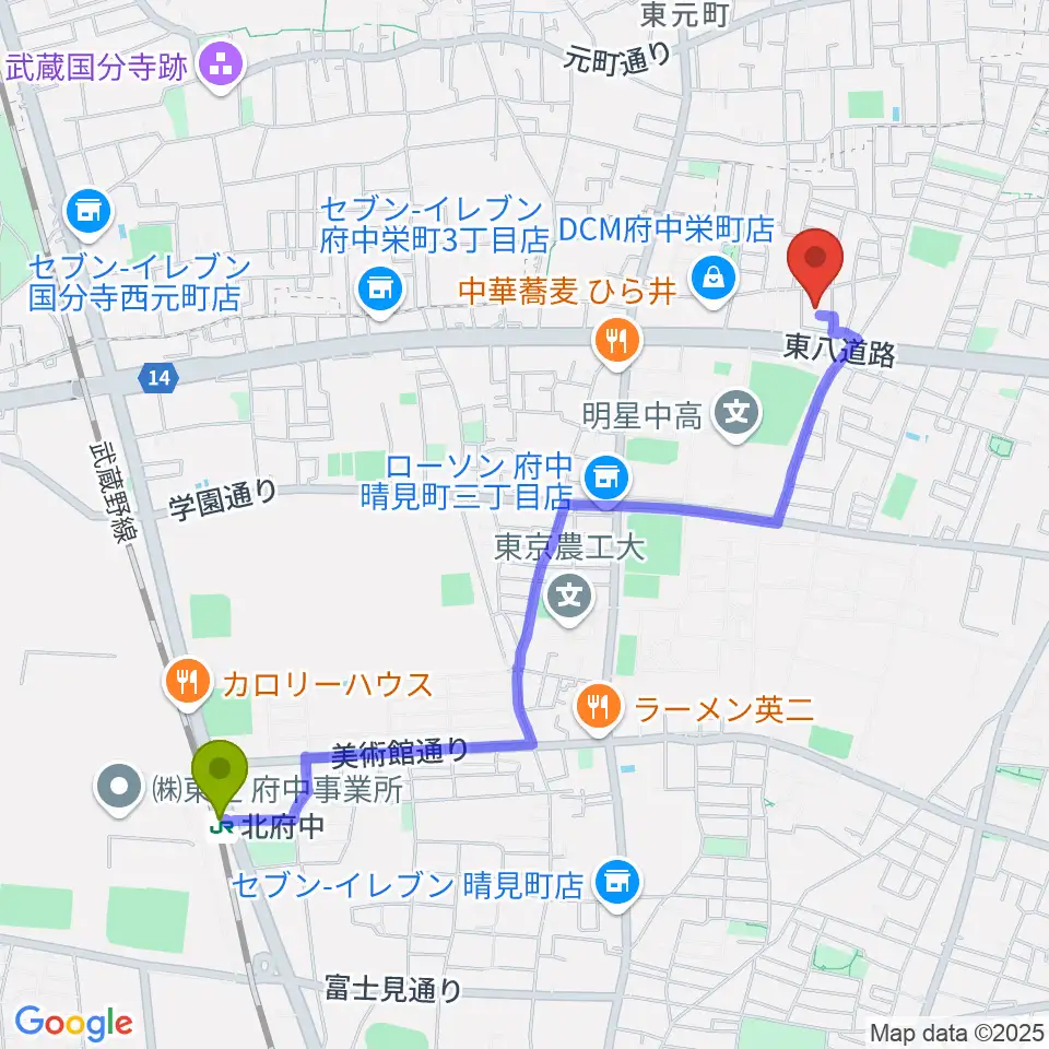 北府中駅からアカデミーアポロへのルートマップ地図