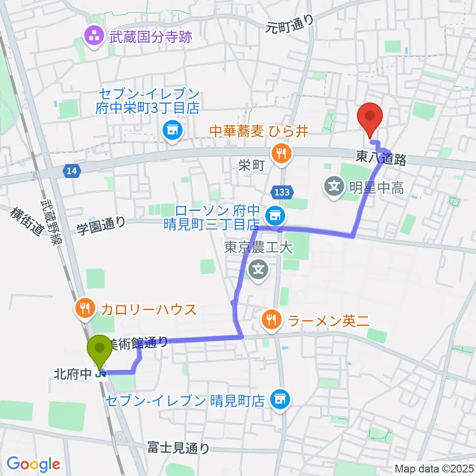 北府中駅からアカデミーアポロへのルートマップ地図