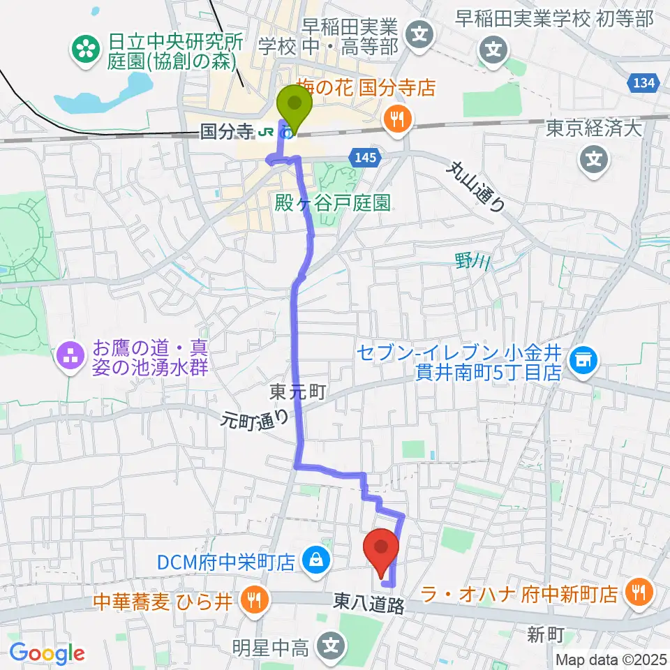 アカデミーアポロの最寄駅国分寺駅からの徒歩ルート（約21分）地図