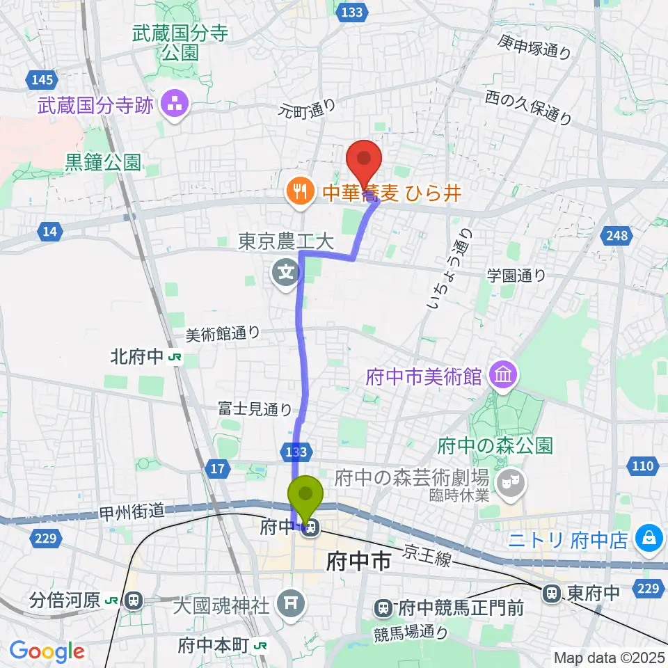 府中駅からアカデミーアポロへのルートマップ地図