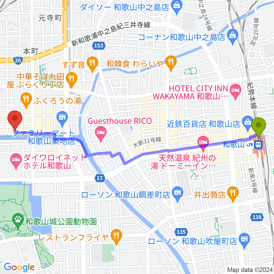 和歌山駅からスタジオツインスターズへのルートマップ地図