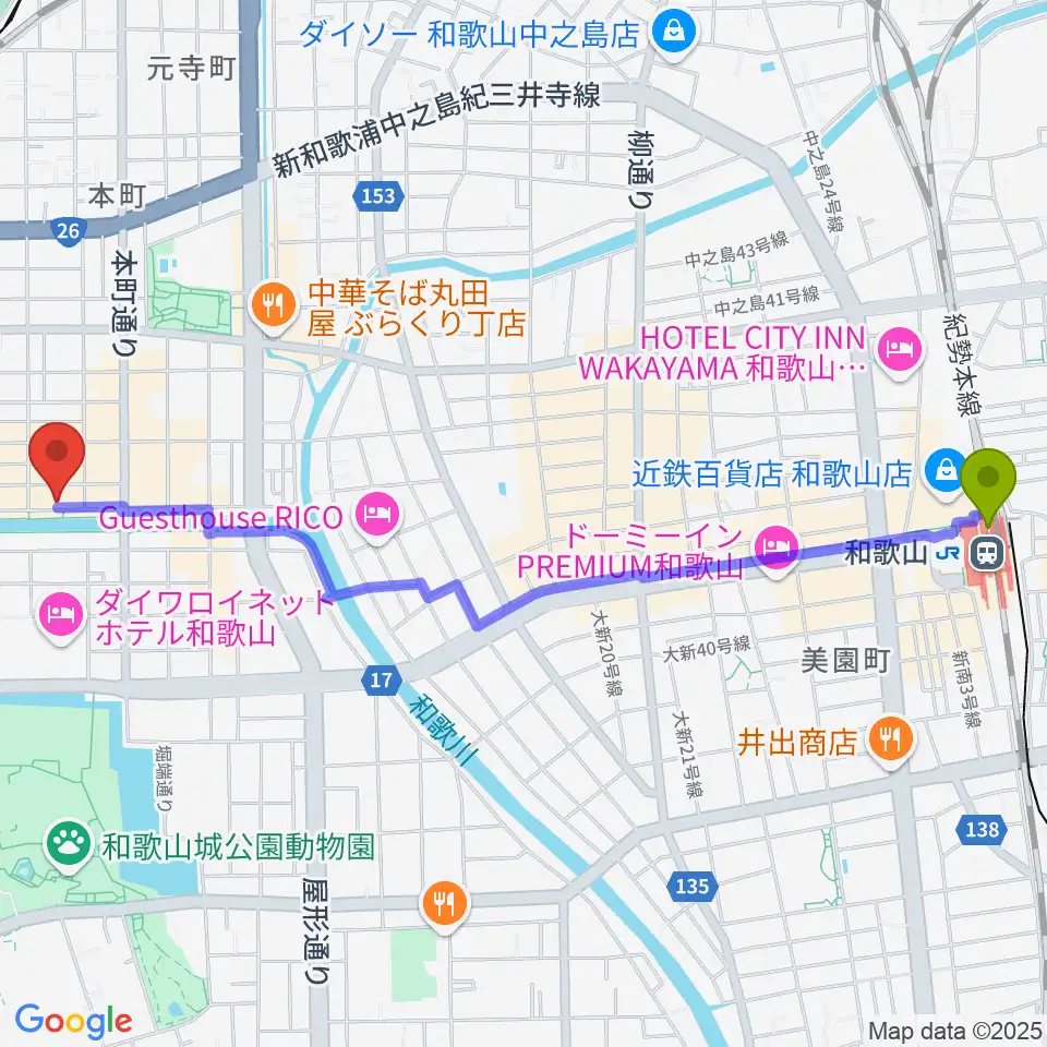 和歌山駅からスタジオツインスターズへのルートマップ地図