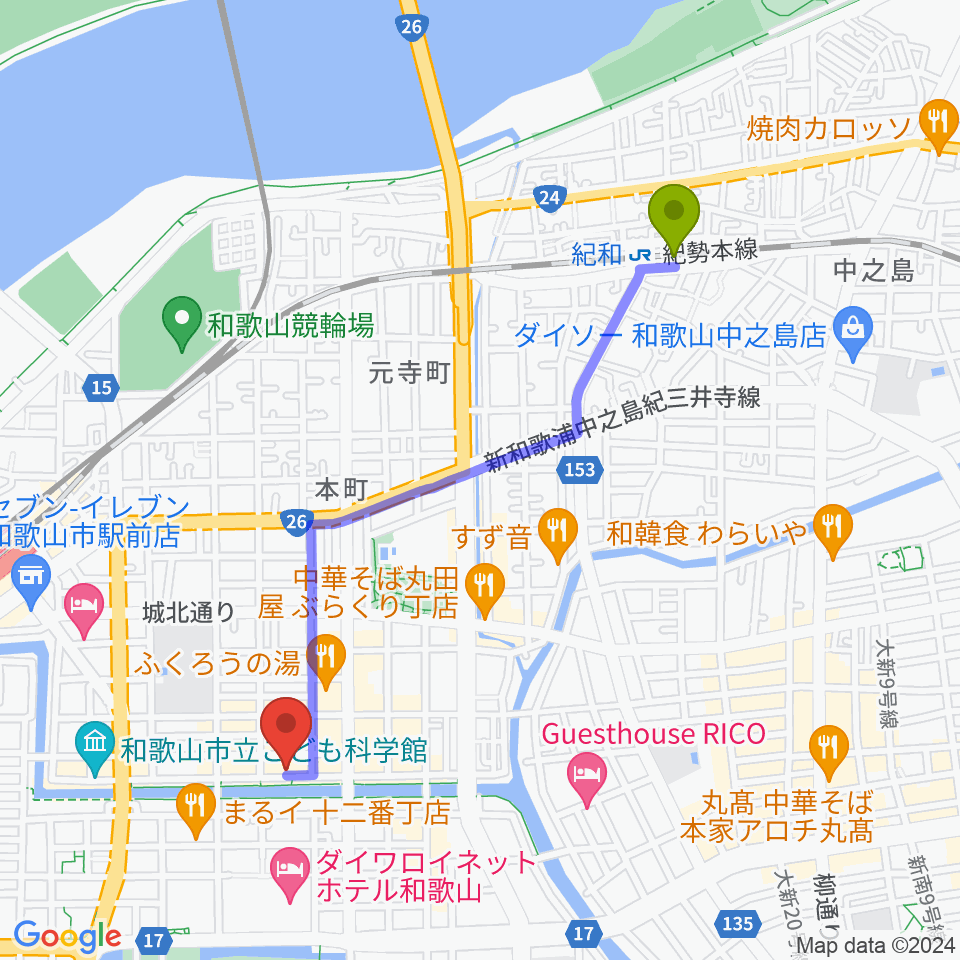紀和駅からスタジオツインスターズへのルートマップ地図