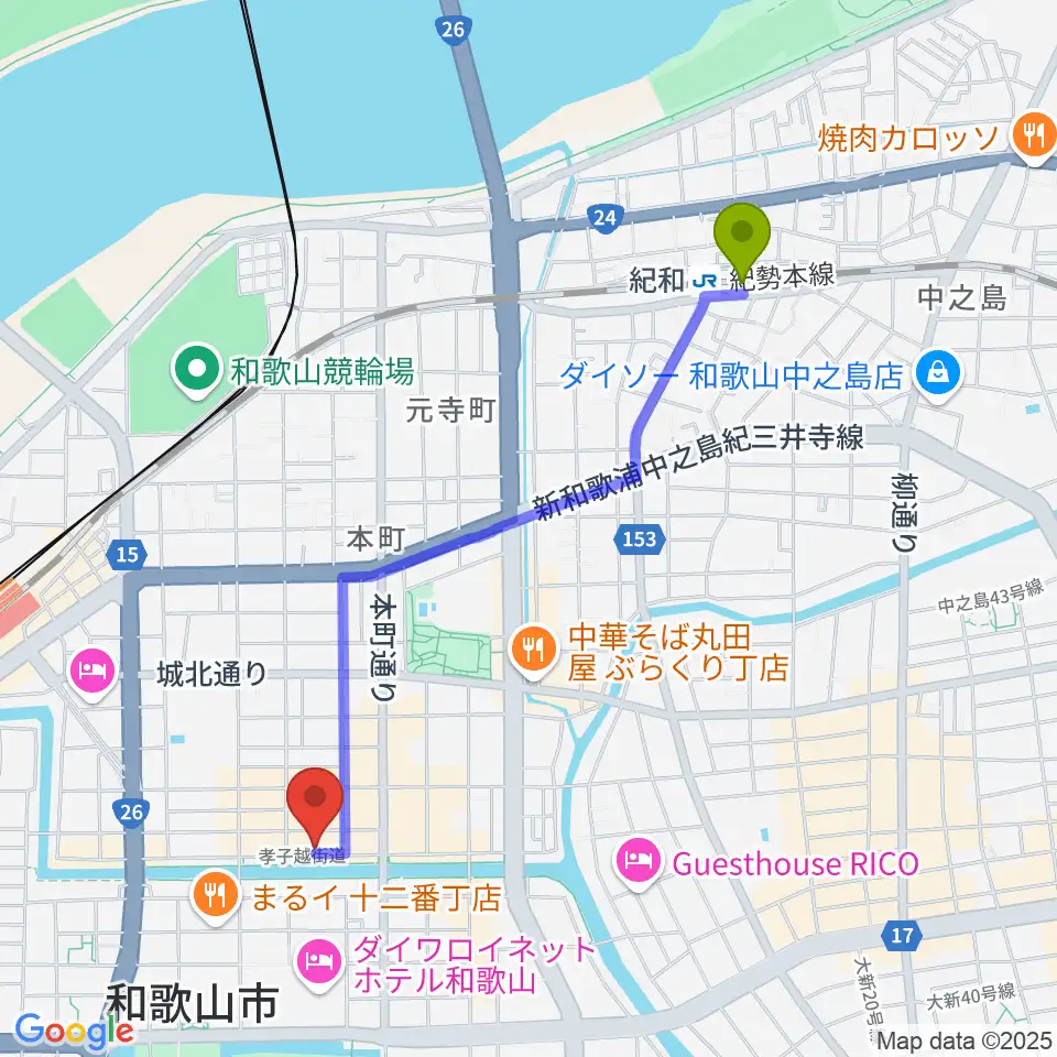 紀和駅からスタジオツインスターズへのルートマップ地図