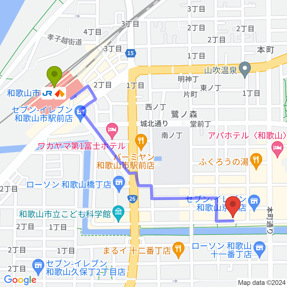 スタジオツインスターズの最寄駅和歌山市駅からの徒歩ルート（約12分）地図