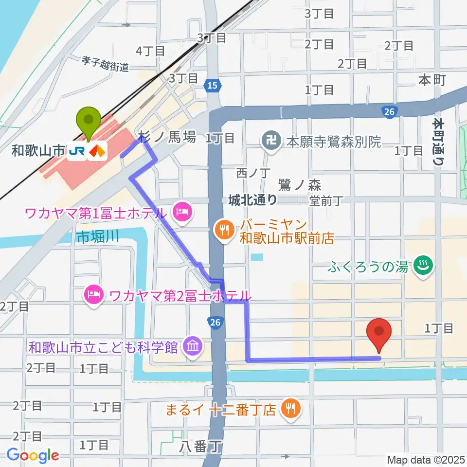 スタジオツインスターズの最寄駅和歌山市駅からの徒歩ルート（約12分）地図