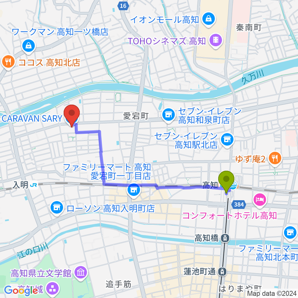 高知駅からキャラバンサライ スタジオへのルートマップ地図