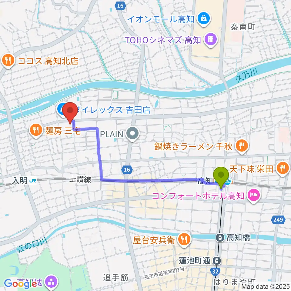 高知駅からキャラバンサライ スタジオへのルートマップ地図