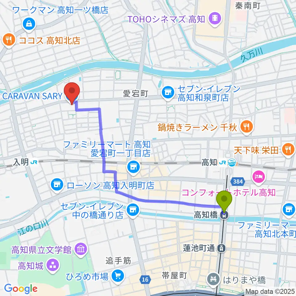 高知橋駅からキャラバンサライ スタジオへのルートマップ地図