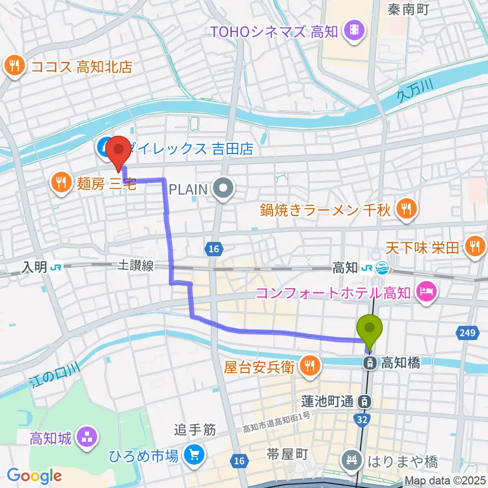 高知橋駅からキャラバンサライ スタジオへのルートマップ地図