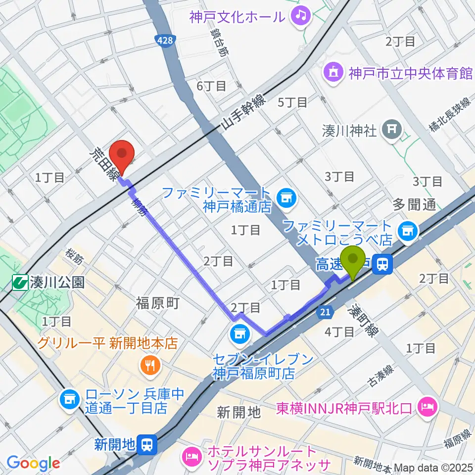 高速神戸駅からきどやバイオリン工房へのルートマップ地図