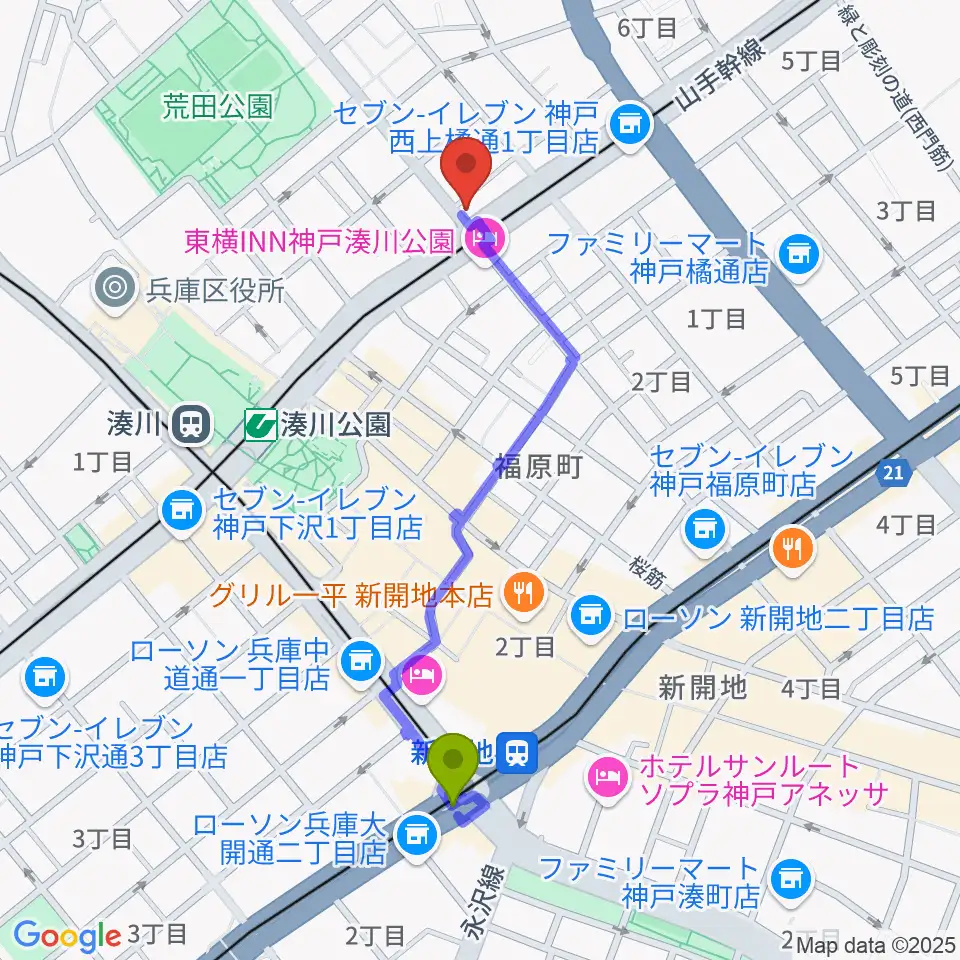 新開地駅からきどやバイオリン工房へのルートマップ地図