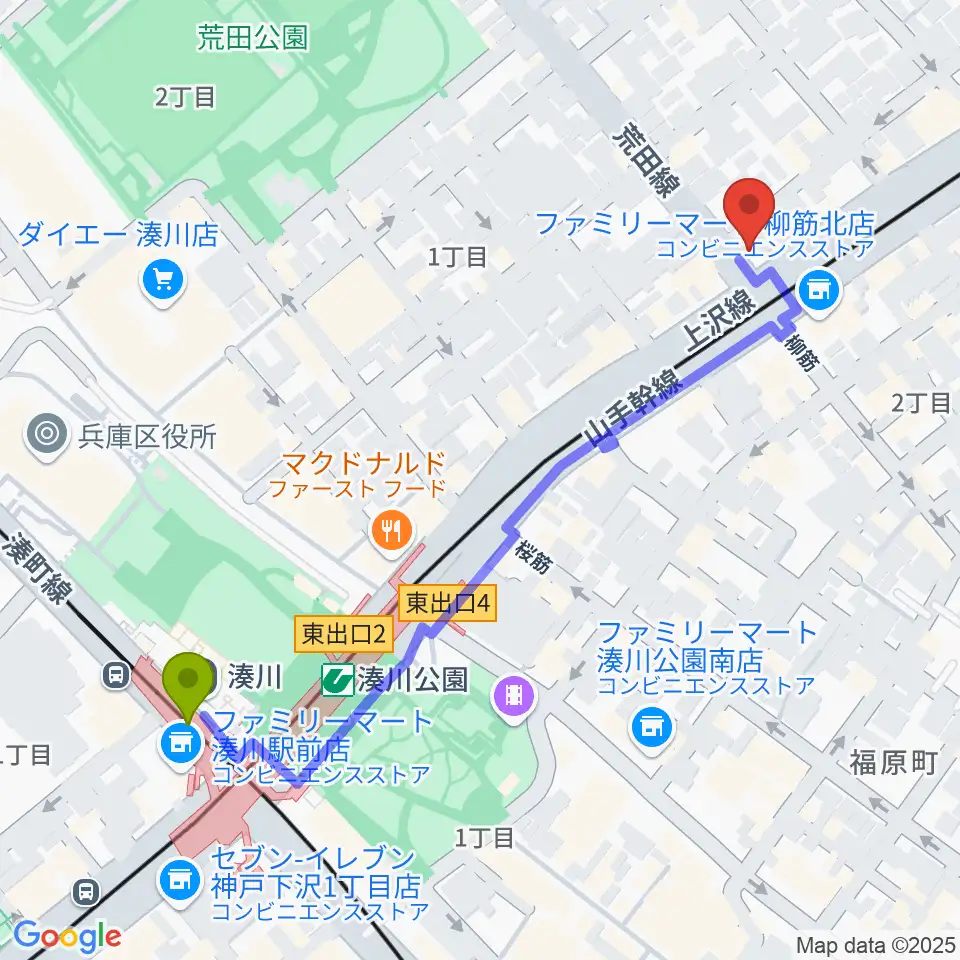 きどやバイオリン工房の最寄駅湊川駅からの徒歩ルート（約6分）地図