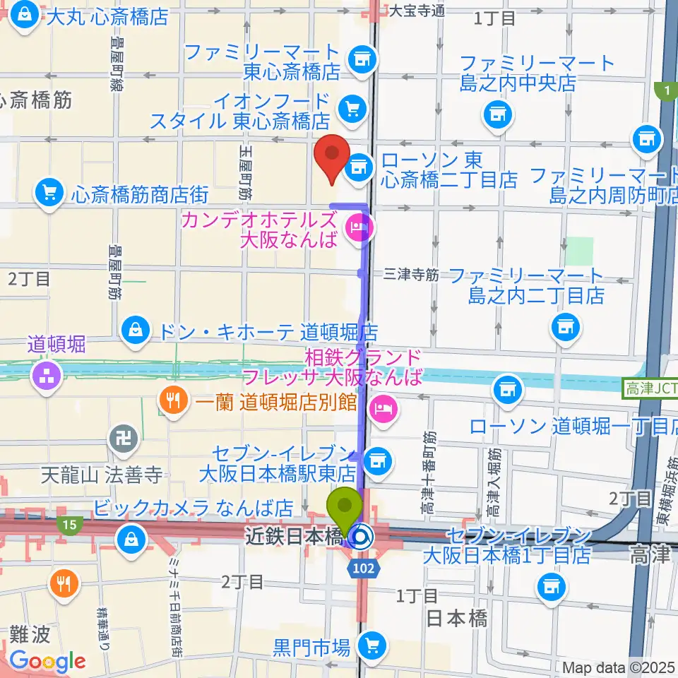 近鉄日本橋駅からP4 STUDIO東心斎橋店へのルートマップ地図