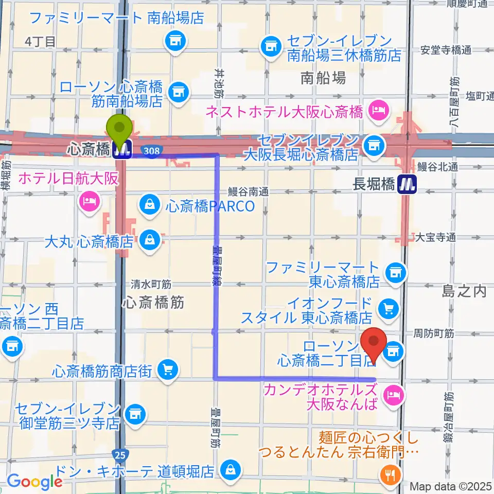 心斎橋駅からP4 STUDIO東心斎橋店へのルートマップ地図