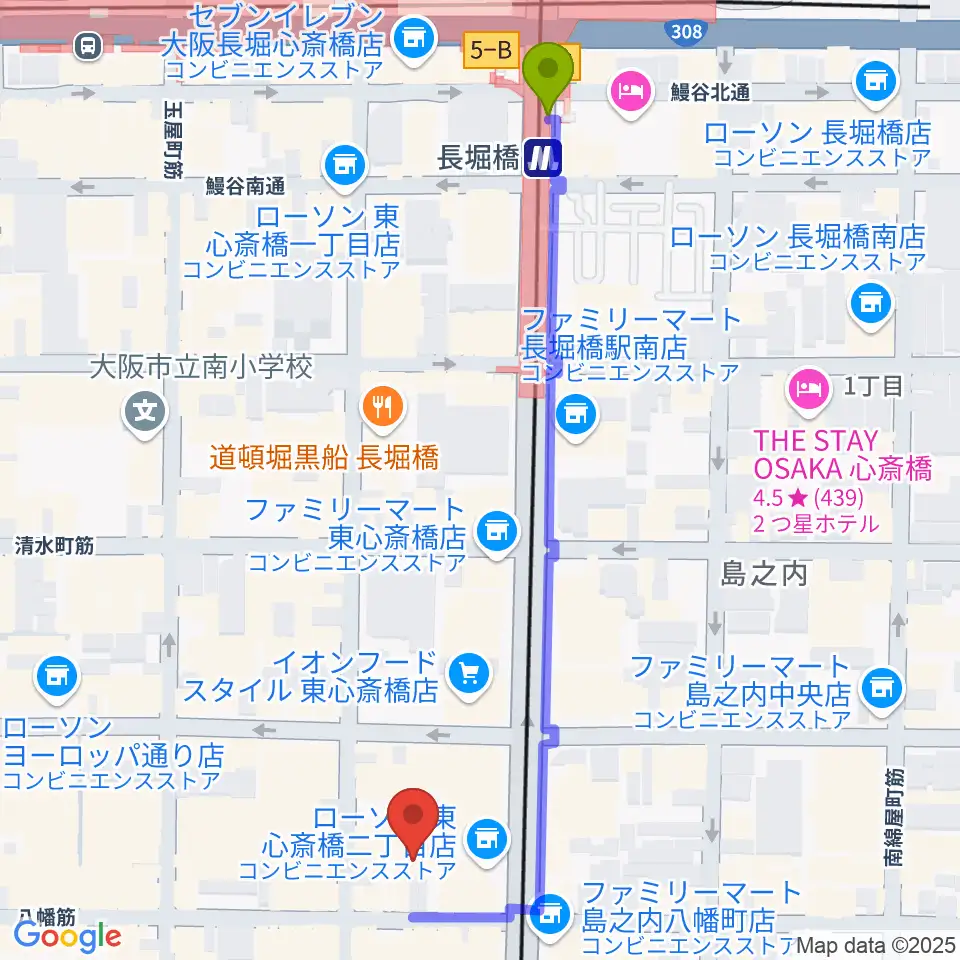 P4 STUDIO東心斎橋店の最寄駅長堀橋駅からの徒歩ルート（約6分）地図