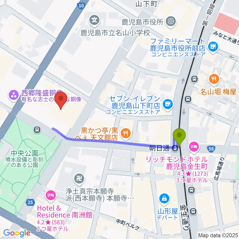 宝山ホールの最寄駅朝日通駅からの徒歩ルート（約4分）地図