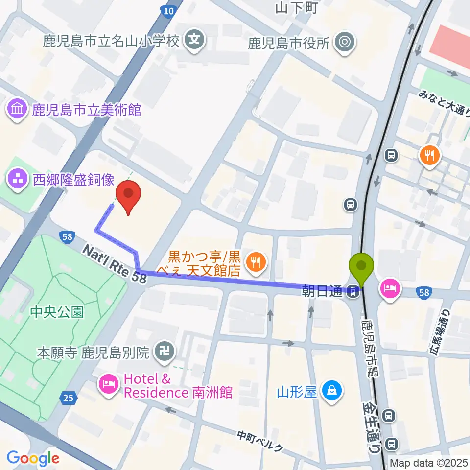 宝山ホールの最寄駅朝日通駅からの徒歩ルート（約4分）地図