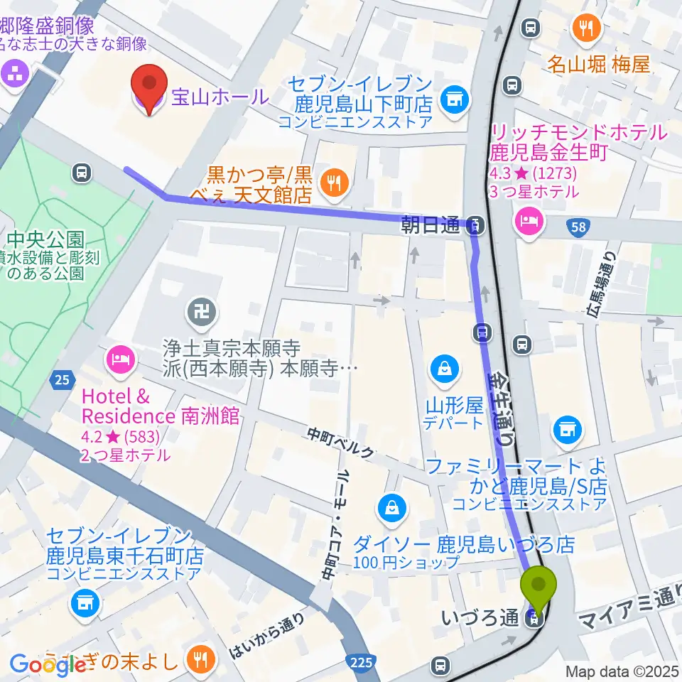 いづろ通駅から宝山ホールへのルートマップ地図