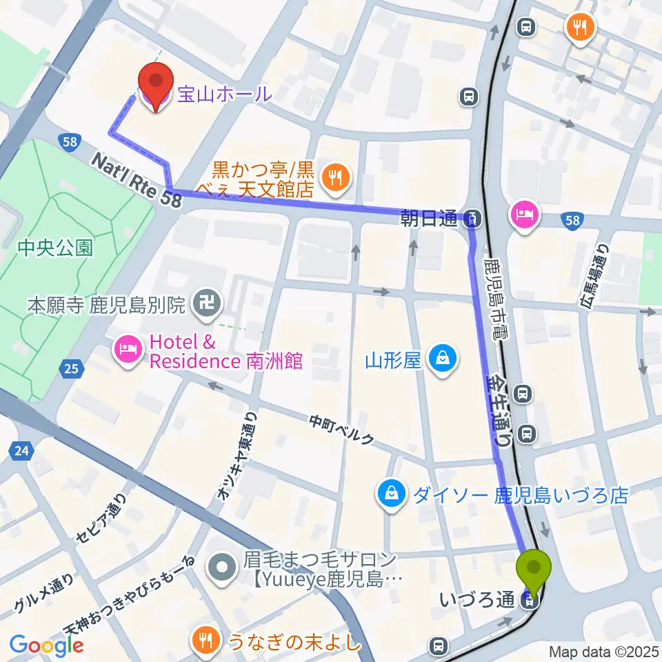 いづろ通駅から宝山ホールへのルートマップ地図