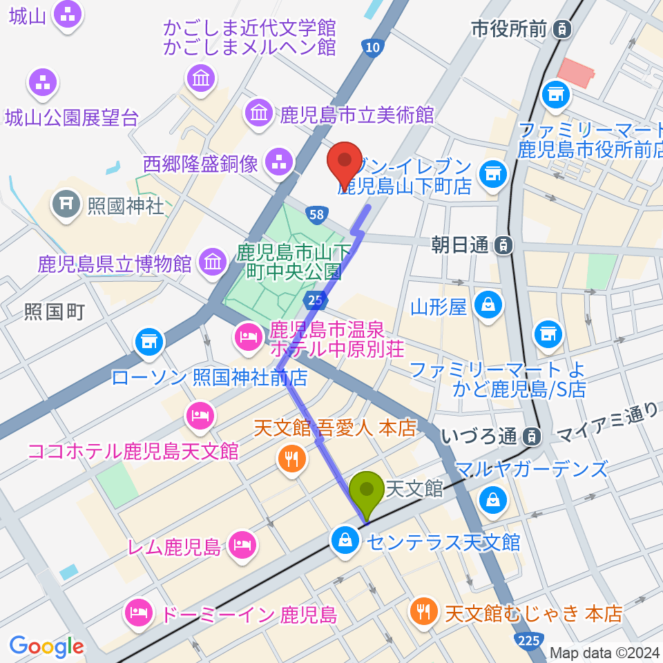 天文館通駅から宝山ホールへのルートマップ Mdata