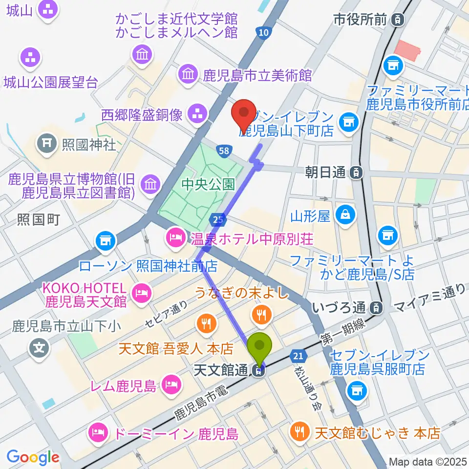 天文館通駅から宝山ホールへのルートマップ地図