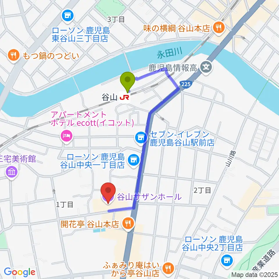 谷山サザンホールの最寄駅谷山駅からの徒歩ルート（約7分）地図