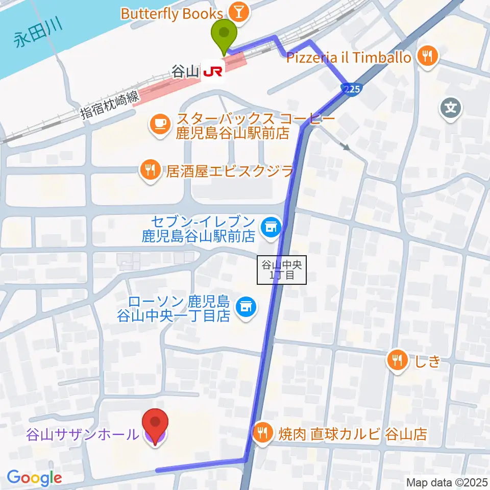 谷山サザンホールの最寄駅谷山駅からの徒歩ルート（約7分）地図