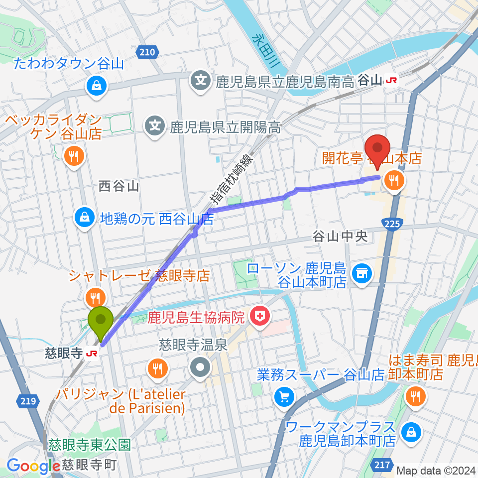 慈眼寺駅から谷山サザンホールへのルートマップ地図