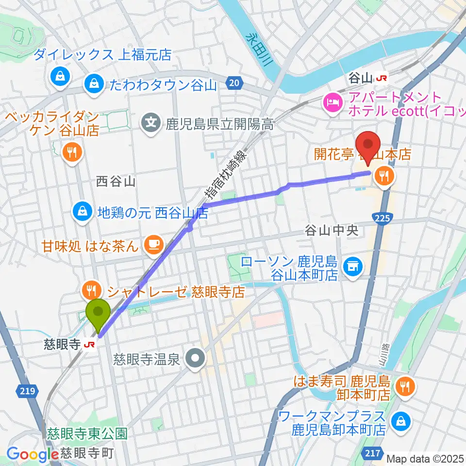 慈眼寺駅から谷山サザンホールへのルートマップ地図