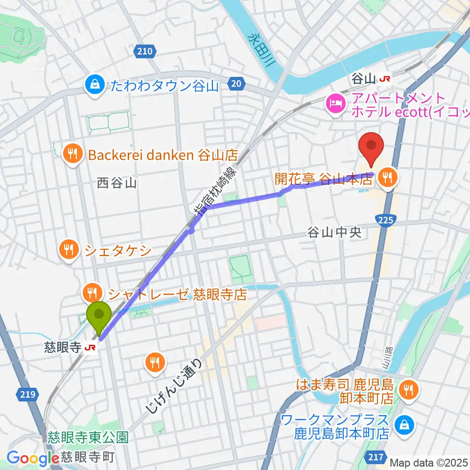 慈眼寺駅から谷山サザンホールへのルートマップ地図
