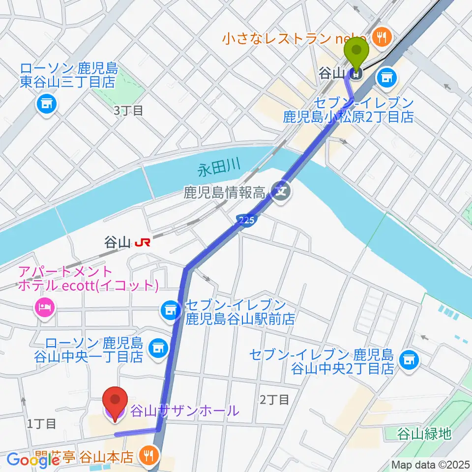 谷山駅から谷山サザンホールへのルートマップ地図