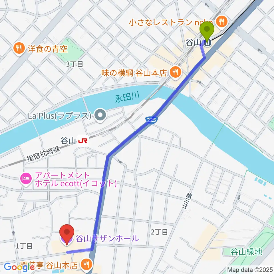 谷山駅から谷山サザンホールへのルートマップ地図