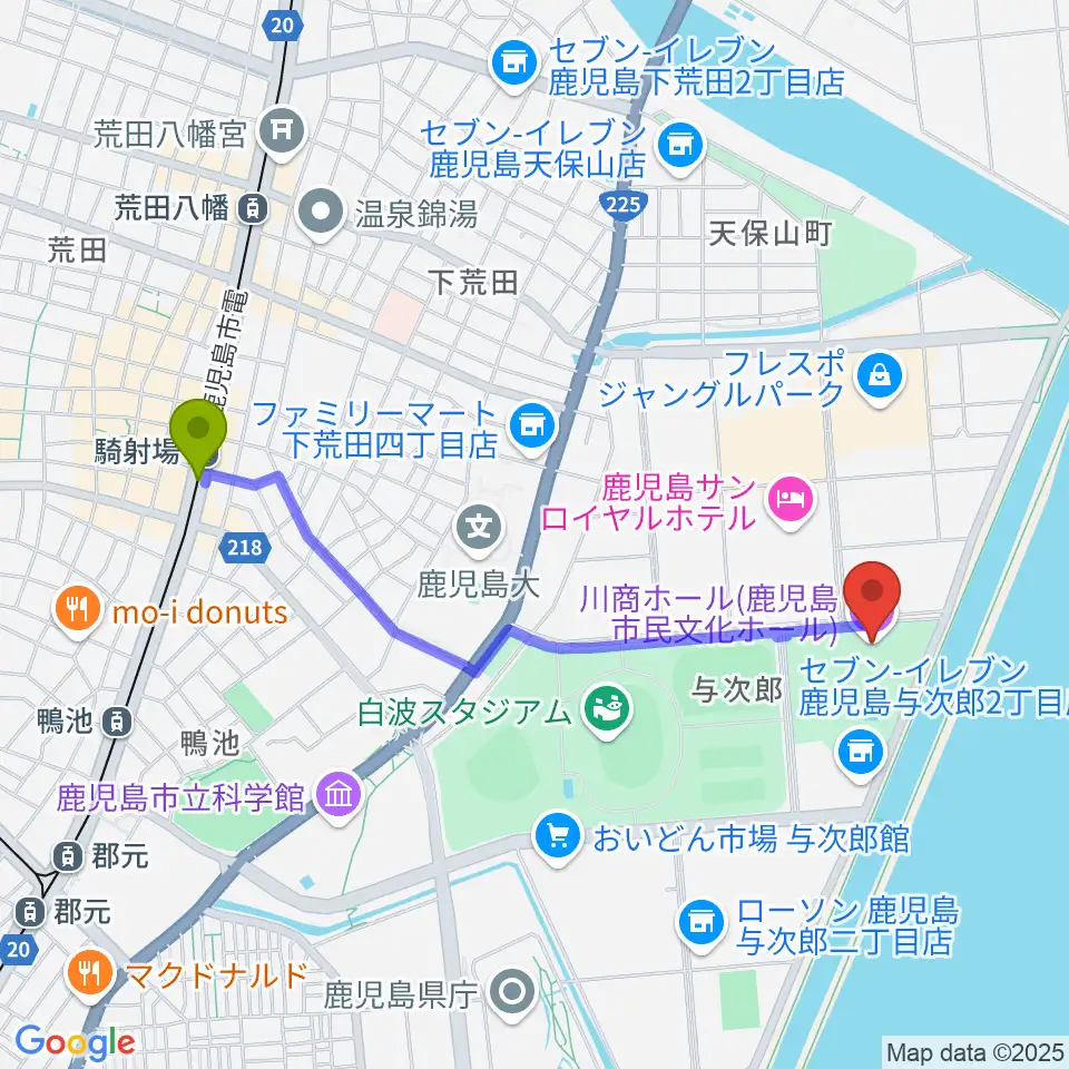 川商ホールの最寄駅騎射場駅からの徒歩ルート（約21分）地図