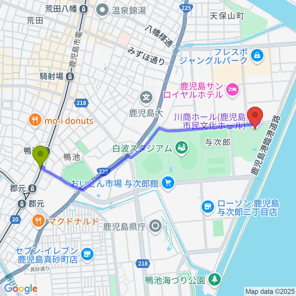 鴨池駅から川商ホールへのルートマップ地図