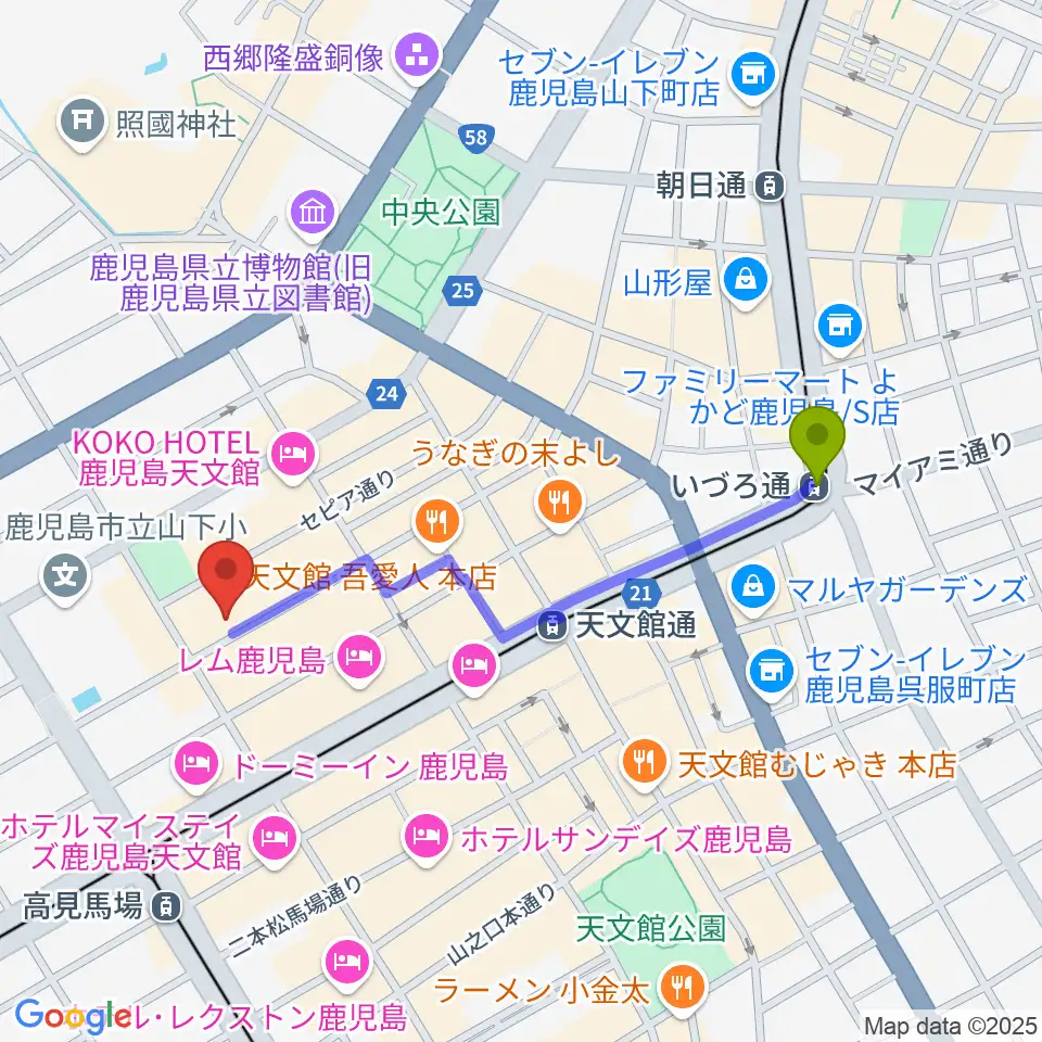 いづろ通駅から鹿児島キャパルボホールへのルートマップ地図