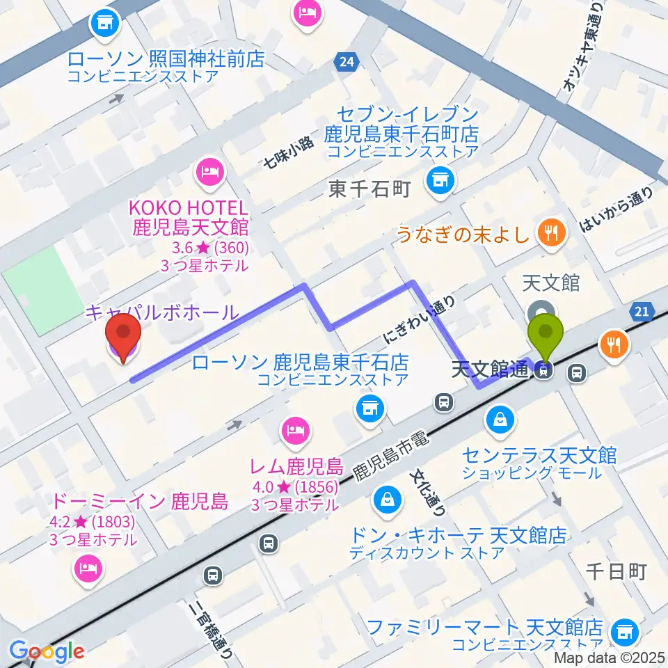 天文館通駅から鹿児島キャパルボホールへのルートマップ地図
