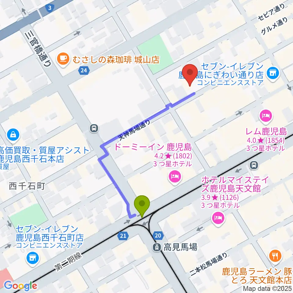 鹿児島キャパルボホールの最寄駅高見馬場駅からの徒歩ルート（約4分）地図