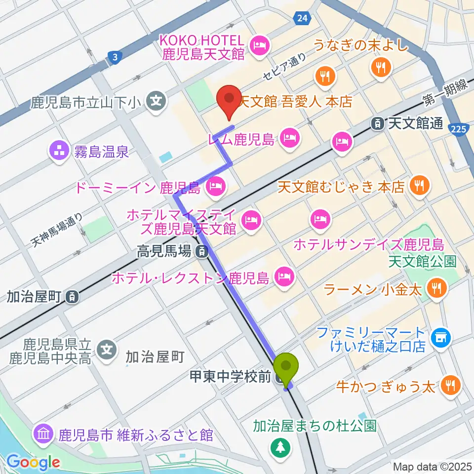 甲東中学校前駅から鹿児島キャパルボホールへのルートマップ地図