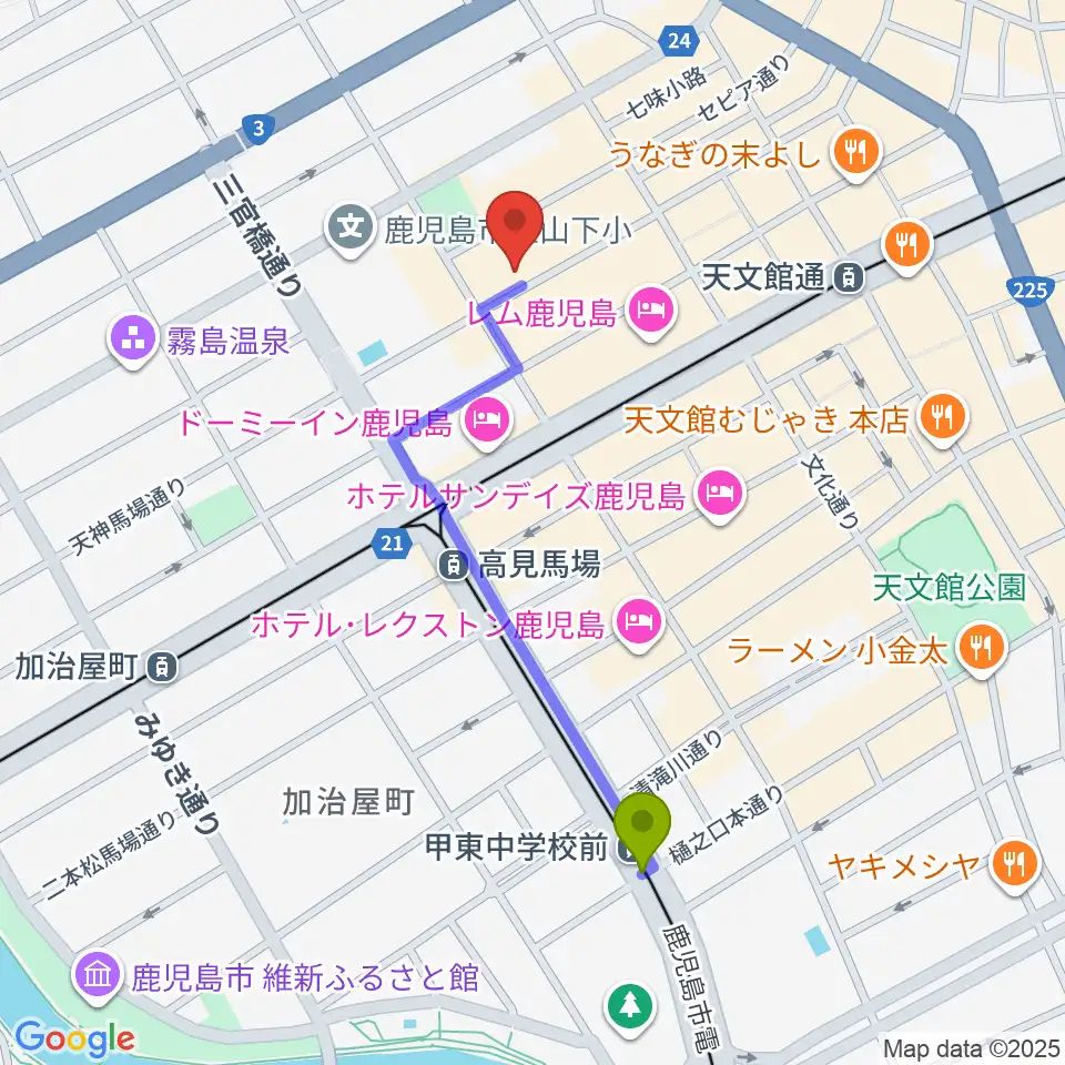 甲東中学校前駅から鹿児島キャパルボホールへのルートマップ地図