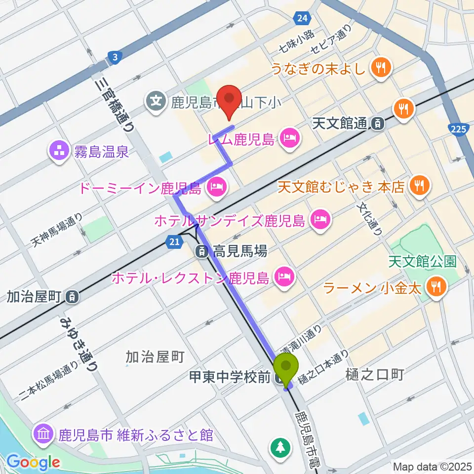 甲東中学校前駅から鹿児島キャパルボホールへのルートマップ地図