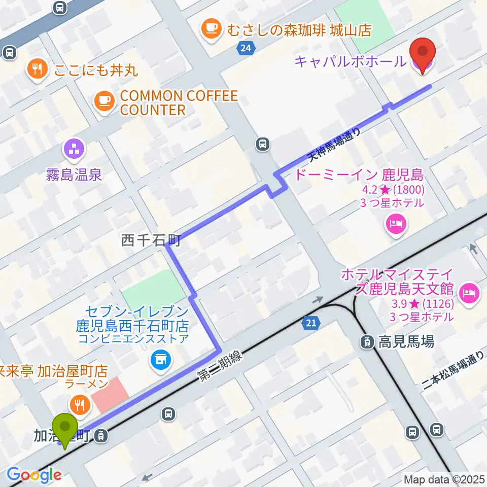 加治屋町駅から鹿児島キャパルボホールへのルートマップ地図