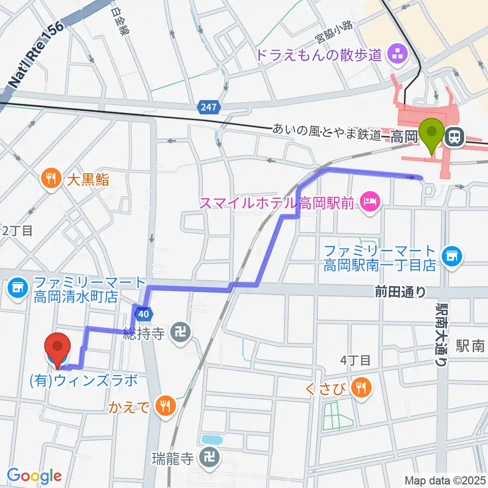 管楽器専門店ウィンズラボの最寄駅高岡駅からの徒歩ルート（約14分）地図