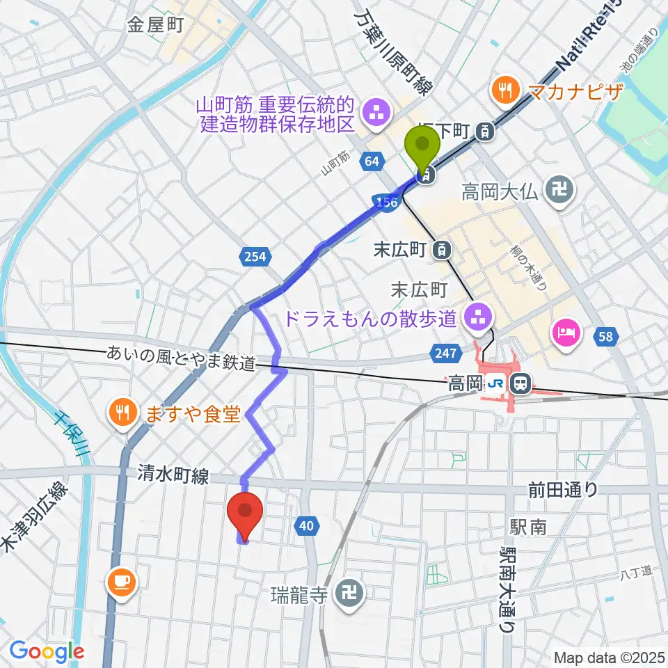 片原町駅から管楽器専門店ウィンズラボへのルートマップ地図
