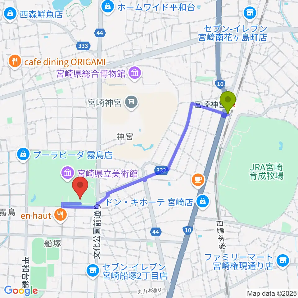 メディキット県民文化センターの最寄駅宮崎神宮駅からの徒歩ルート（約19分）地図