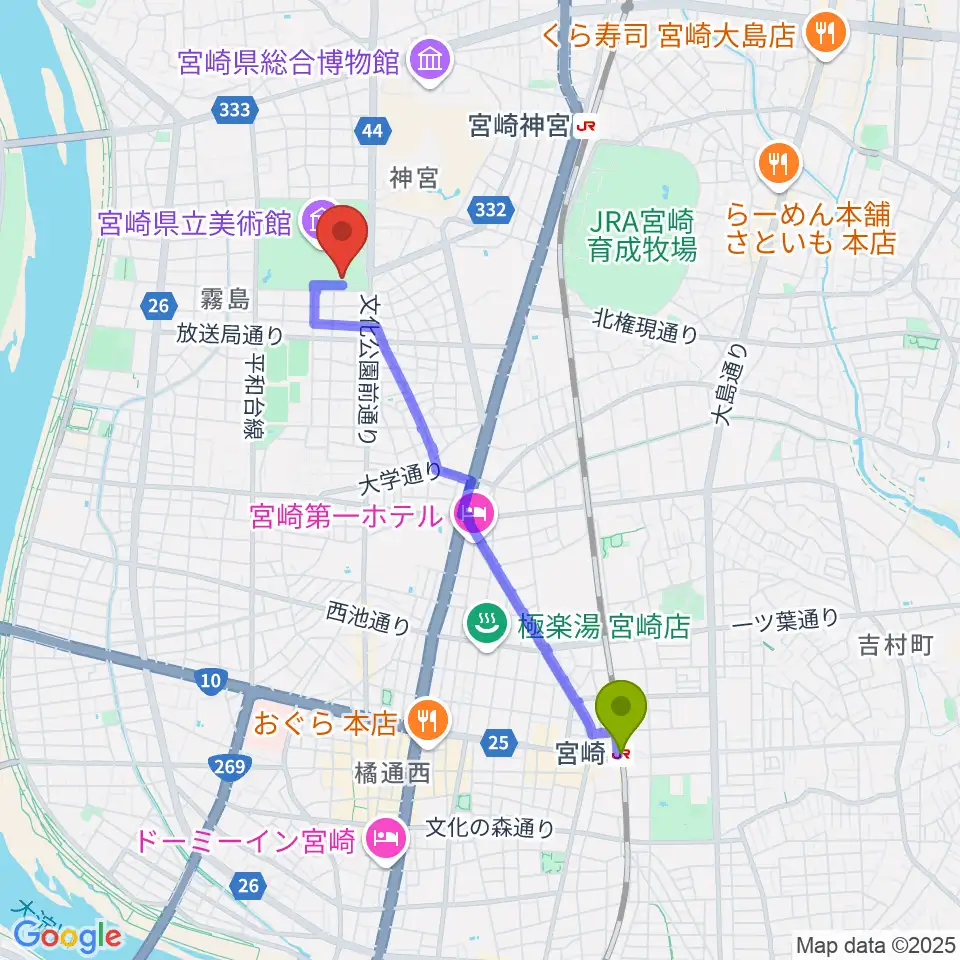 宮崎駅からメディキット県民文化センターへのルートマップ地図